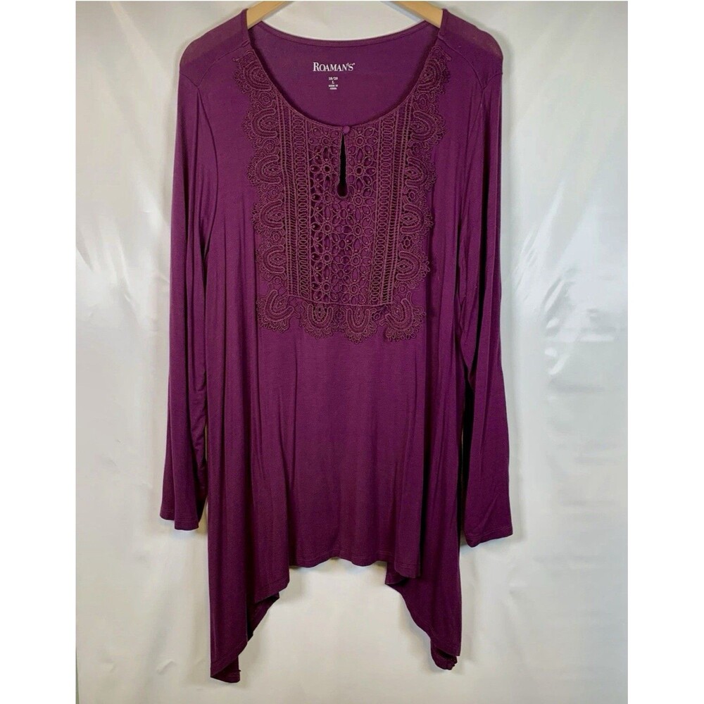 Roaman Purple Plum Lace Crochet Front Long Sleeve Keyhole Tunic Top Blouse 18/20 - Picture 3 of 10